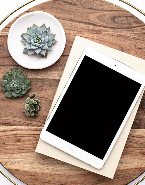 iPad & papers on wooden table with succulents