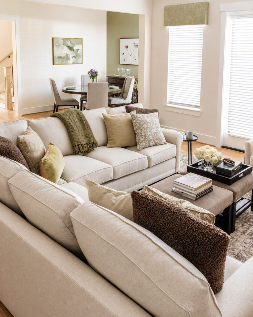 Living room design with reupholstered furniture in a Timbergrove new construction home