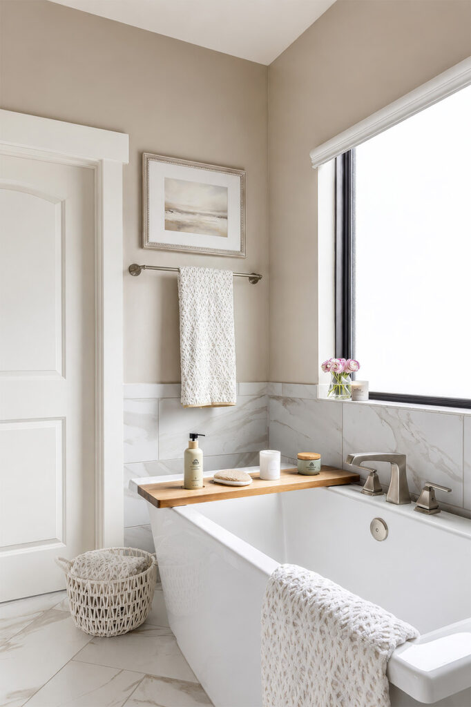 Primary bathroom shower with hexagon tile focal wall