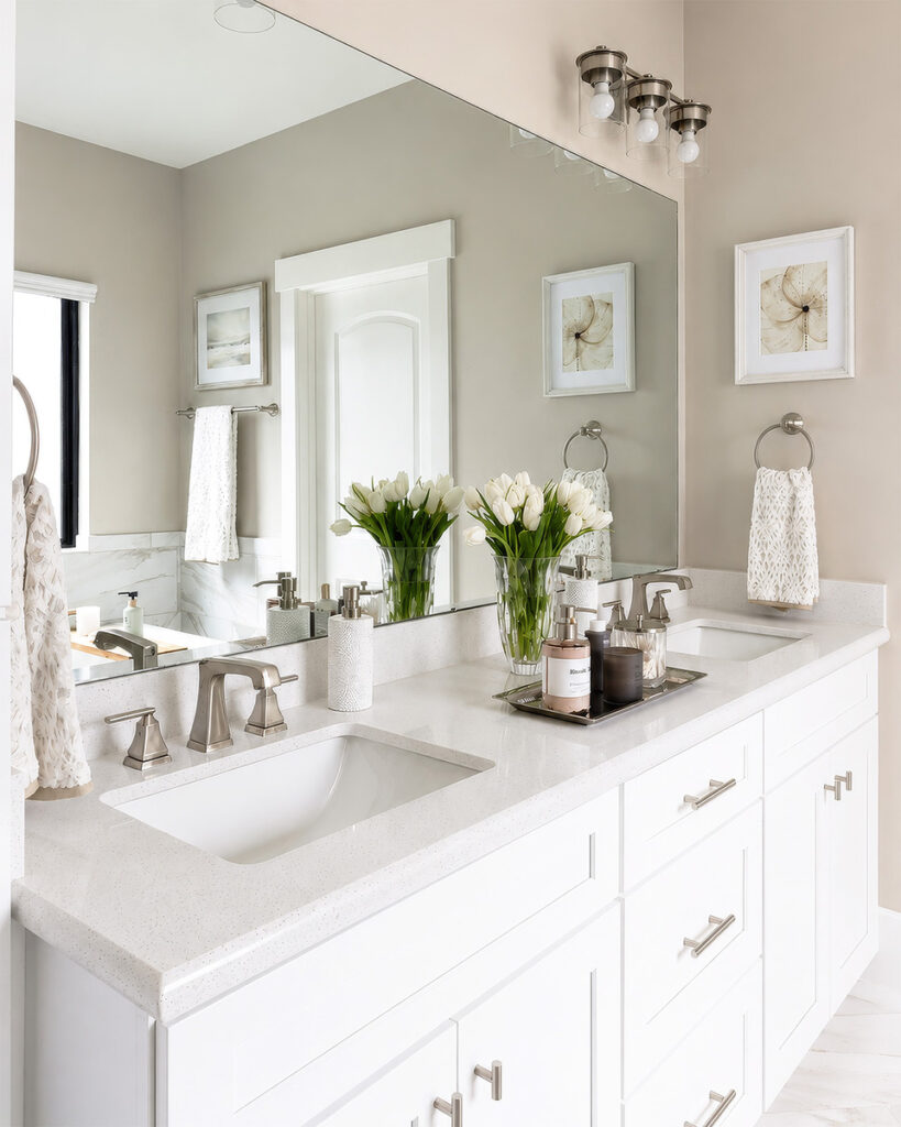 Primary bathroom with marble-look herringbone tile floor in a Timbergrove home