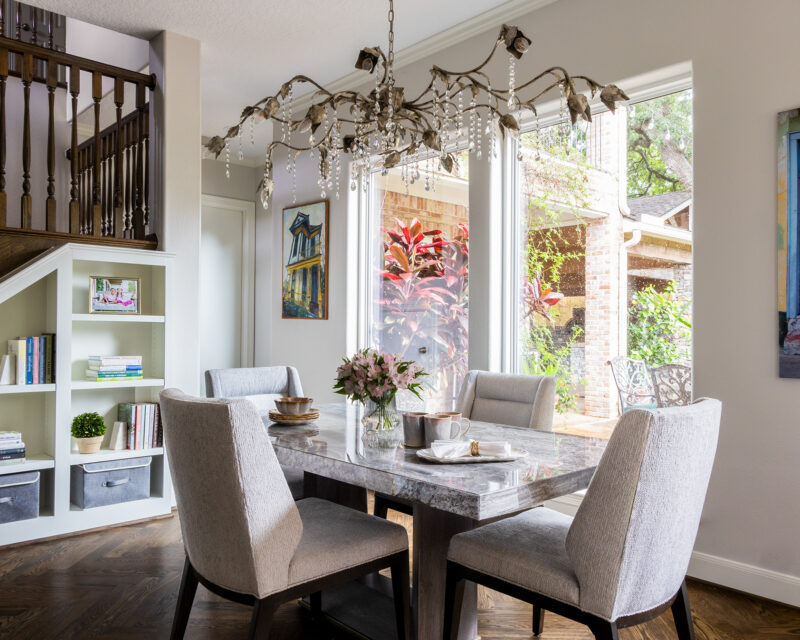 Breakfast room with new furniture and bookcases, Memorial Park remodel