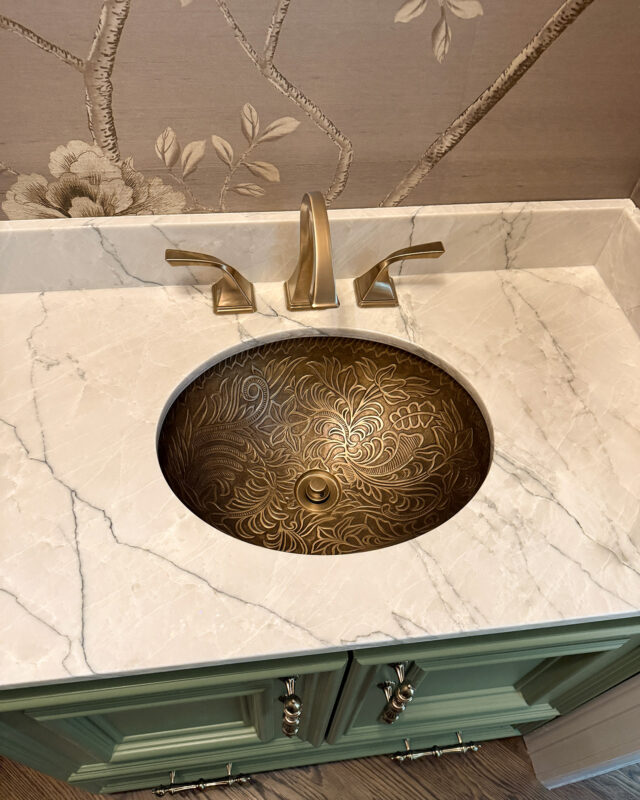 Powder bath vanity and mirror detail, Memorial Park home in Houston