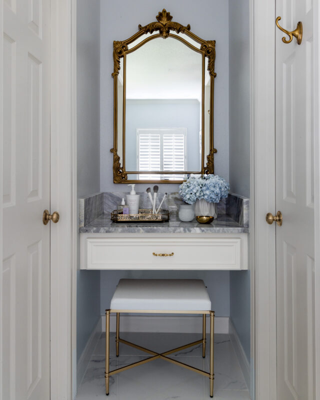 Primary bathroom vanity with new fixtures and finishes, Memorial Park remodel