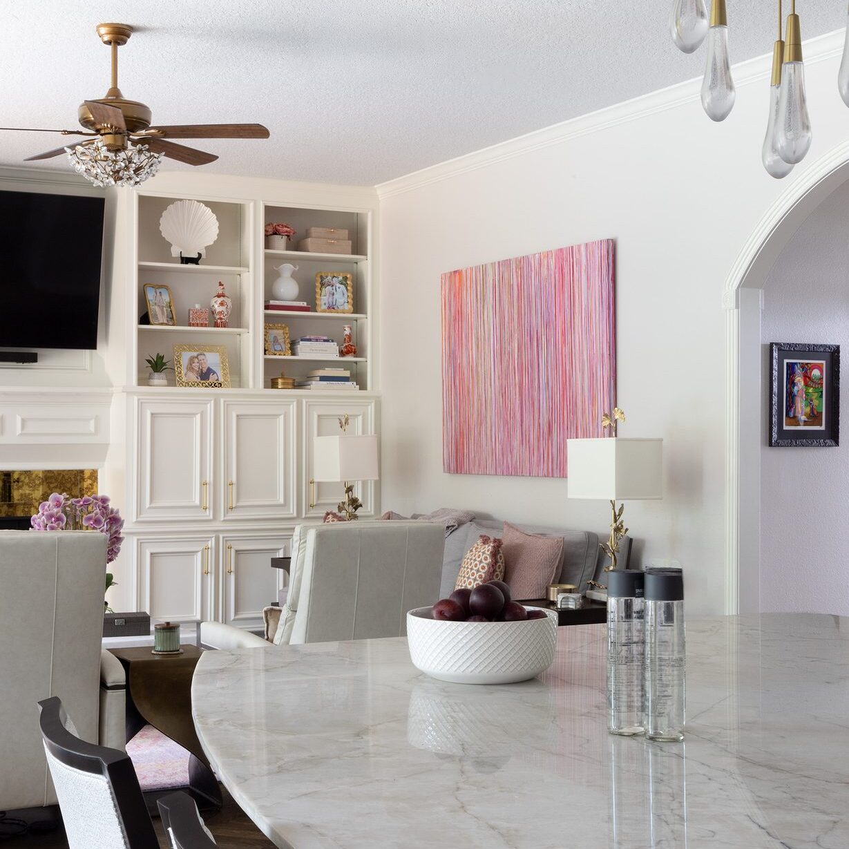 Living room and kitchen island after a Memorial Park home remodel in Houston